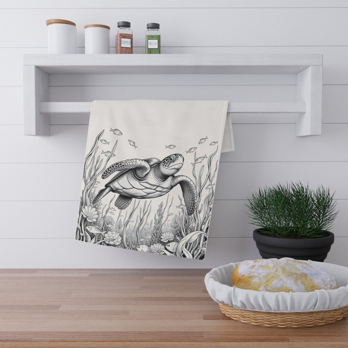 Black n White Sea Turtle Tea Towel (cotton, poly)