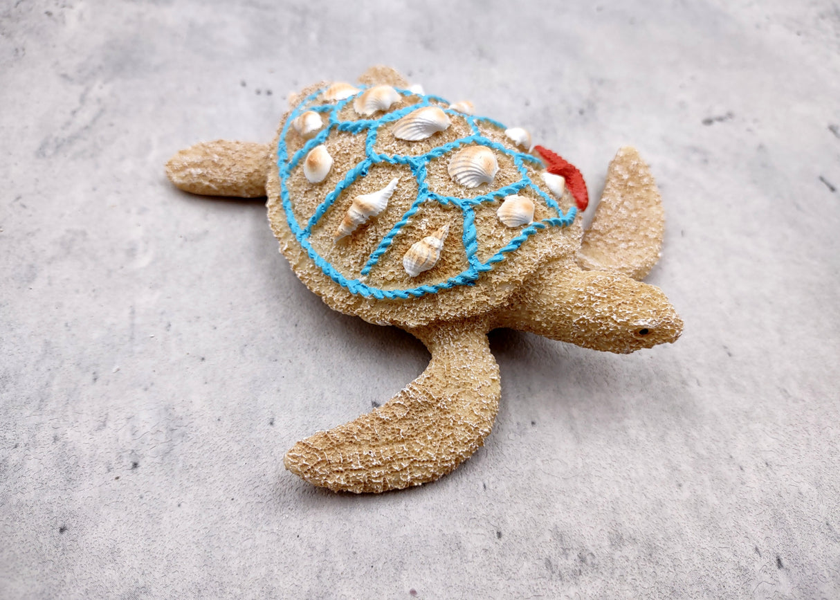 Sandy Sea Turtle Figure With Seashells Net Starfish (1 turtle approx. 5+ inches) Sand Texture Resin Cast Sea Turtle Figure for home decor!
