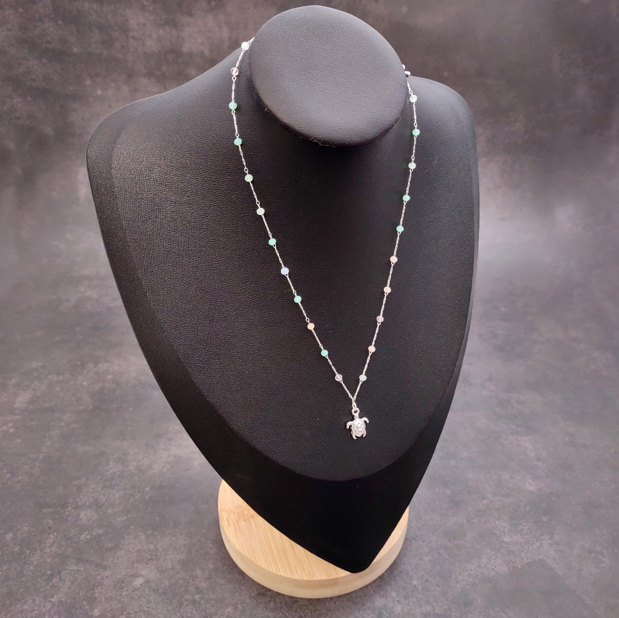 Sea Turtle Charm Necklace Delicate Green Peach White Beads (approx. 14+ inches AROUND) Silver Sea Turtle Necklace great for gifting!