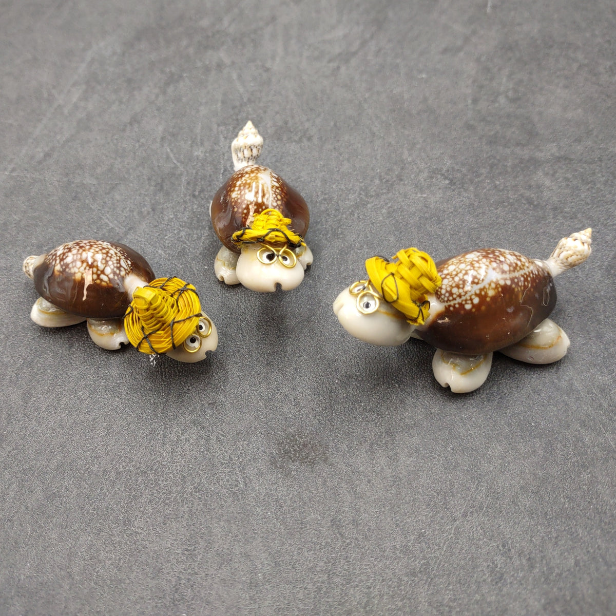 Cowrie Shell Sea Turtle Figurines Yellow Hat (3 figures approx. 2+ inches) Cute Cowrie Seashell Sea Turtles for gifts decor & display!