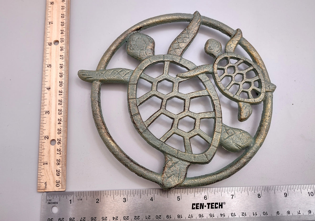 Sea Turtle Trivet Cast Iron Green Gold Weathered Hot Pad (1 trivet approx. 7 inches) Green Sea Turtle Pair Trivet for coastal dining table!