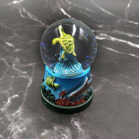 Small Sea Turtle Water Globe with Dolphin and Coral Base (1 globe approx. 2.75 inches tall) Cute Sea Turtle Water Globe for gifts & decor!