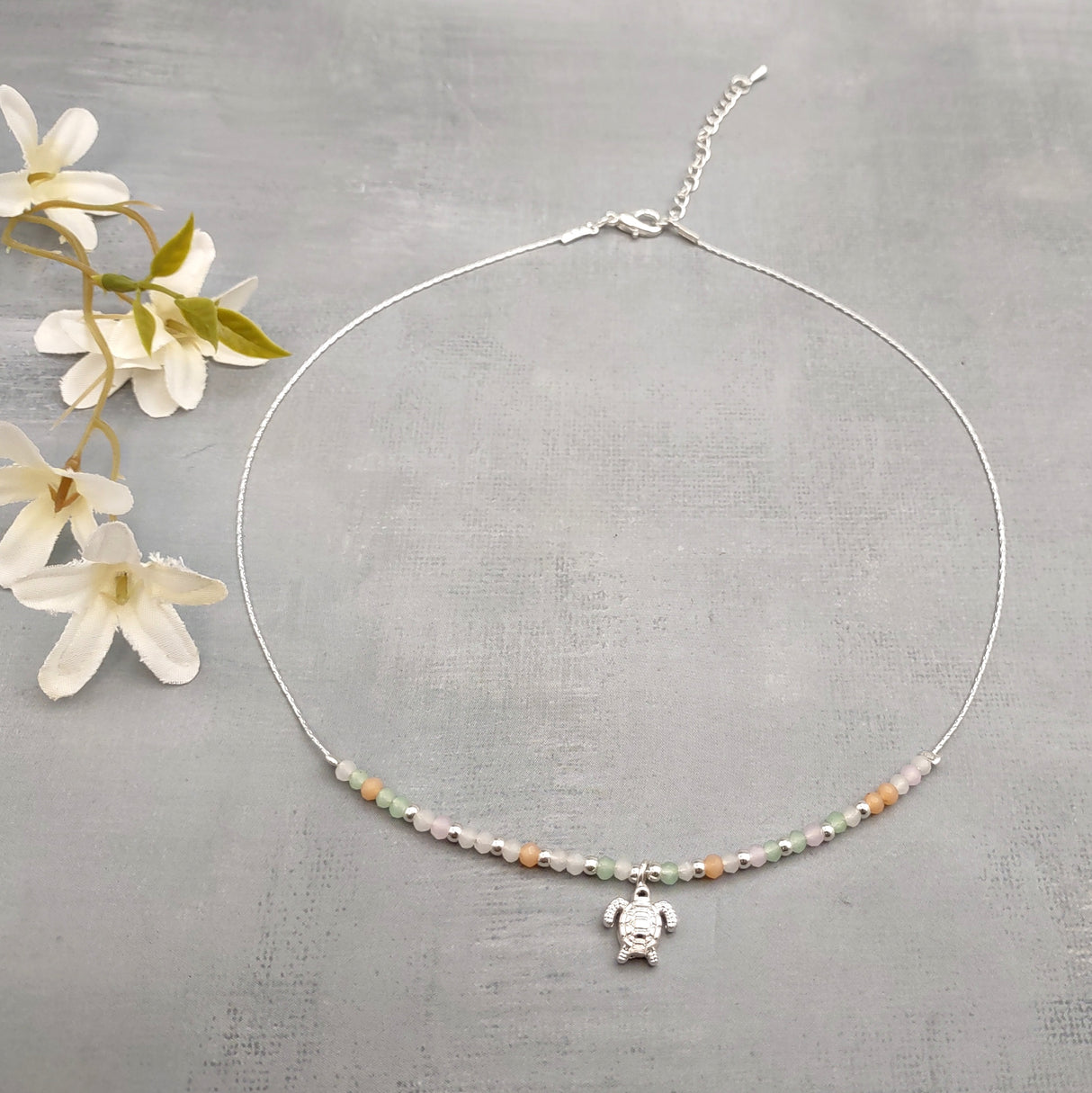 Sea Turtle Charm Necklace Orange Green Blue Beads Silver Color (approx. 14+ inches AROUND) Sea Turtle Necklace Jewelry for seaside wear!