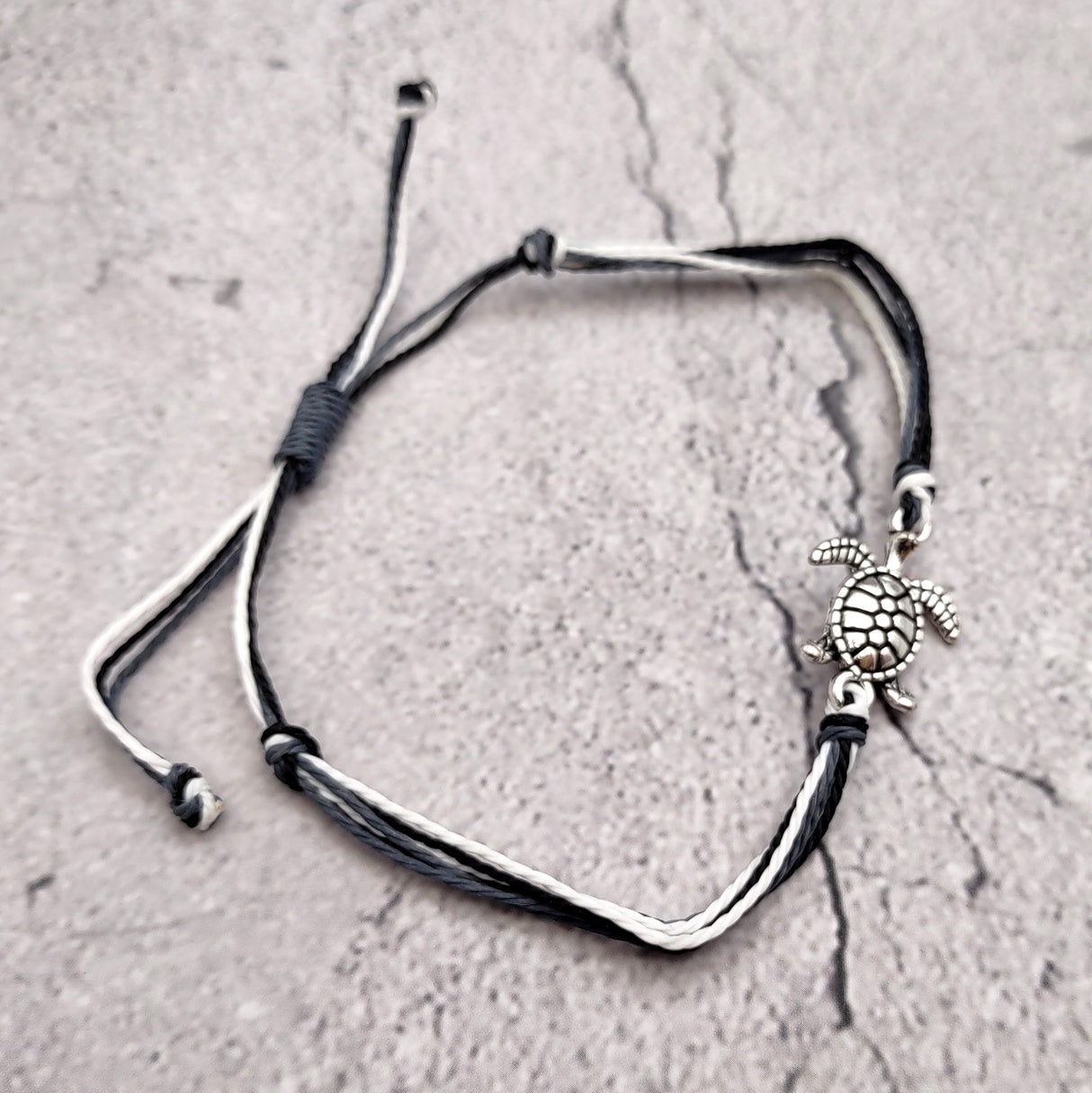 Sea Turtle Charm Bracelet Black Grey White Cord (approx. 5-7+ inches AROUND) Black Grey Sea Turtle String Bracelet Jewelry for gifting!