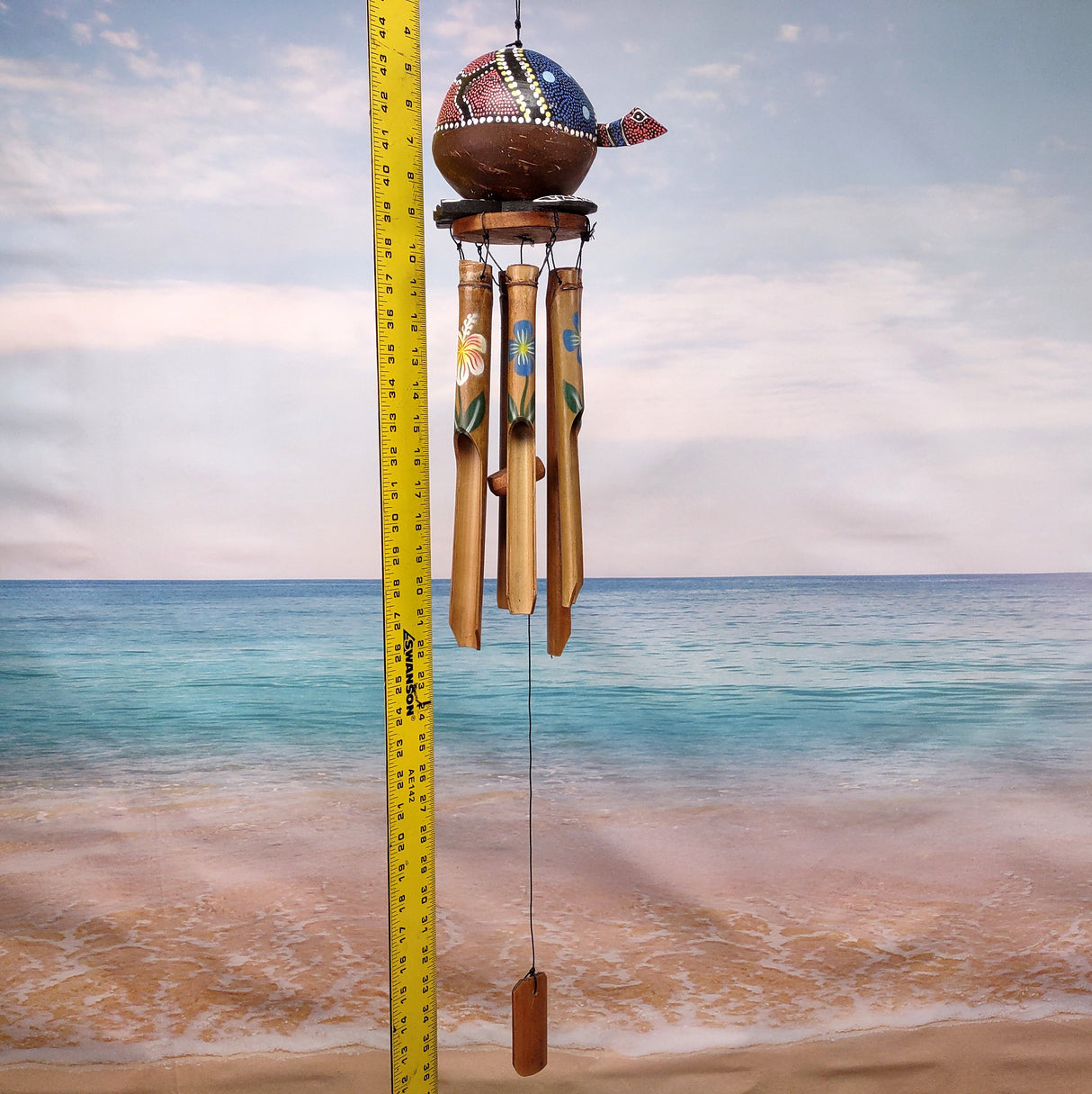 Painted Coconut Sea Turtle Bamboo Wind Chime Red Dot B GRADE (1 chime approx. 30 x 5 inches) Painted Sea Turtle Chime for patio decor!