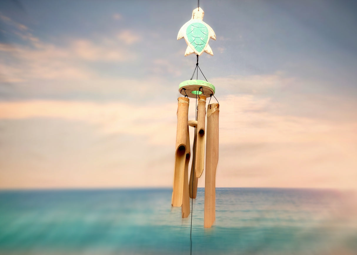 Hanging Wooden Green Turtle Bamboo Wind Chime (1 Chime approx. 33 x 4 inches) Turtle Bamboo Windchime brings beachside charm to any home!