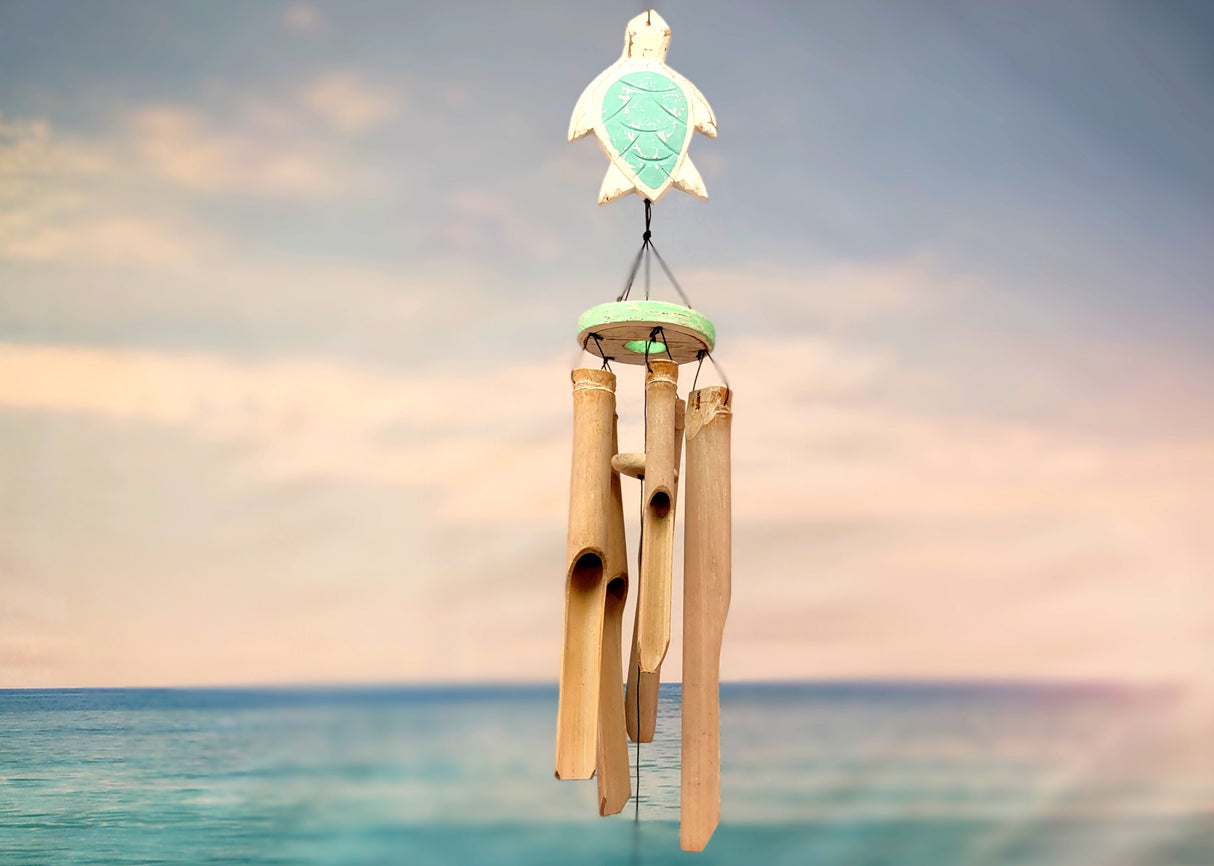 Hanging Wooden Green Turtle Bamboo Wind Chime (1 Chime approx. 33 x 4 inches) Turtle Bamboo Windchime brings beachside charm to any home!