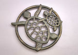 Sea Turtle Trivet Cast Iron Green Gold Weathered Hot Pad (1 trivet approx. 7 inches) Green Sea Turtle Pair Trivet for coastal dining table!