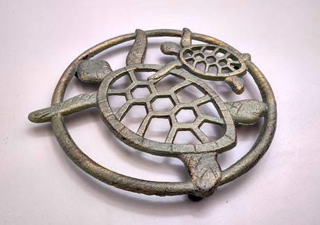 Sea Turtle Trivet Cast Iron Green Gold Weathered Hot Pad (1 trivet approx. 7 inches) Green Sea Turtle Pair Trivet for coastal dining table!