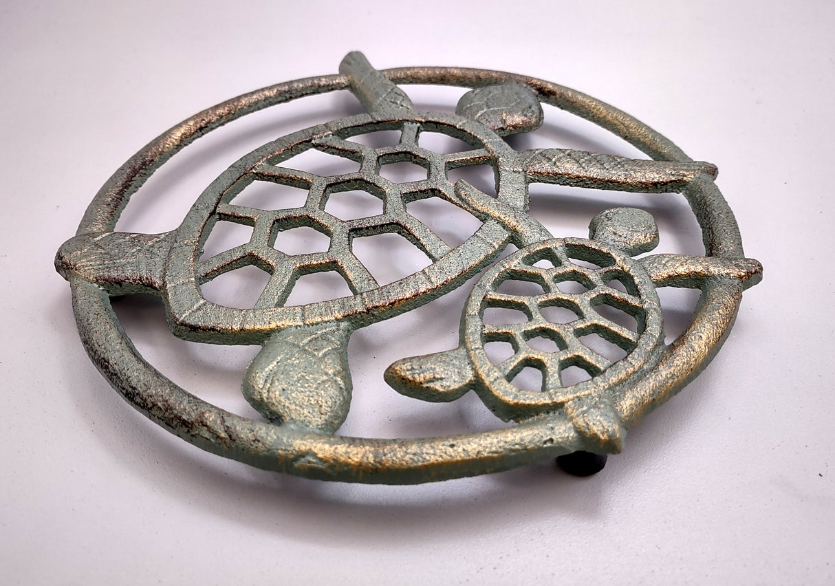 Sea Turtle Trivet Cast Iron Green Gold Weathered Hot Pad (1 trivet approx. 7 inches) Green Sea Turtle Pair Trivet for coastal dining table!