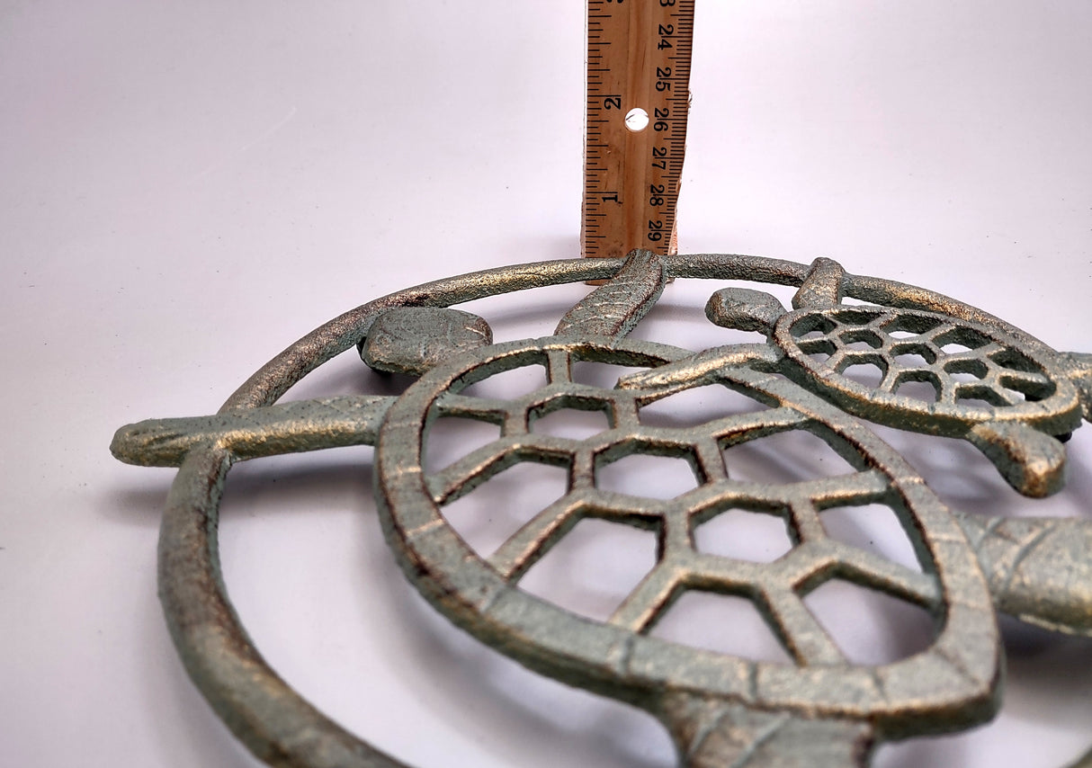 Sea Turtle Trivet Cast Iron Green Gold Weathered Hot Pad (1 trivet approx. 7 inches) Green Sea Turtle Pair Trivet for coastal dining table!