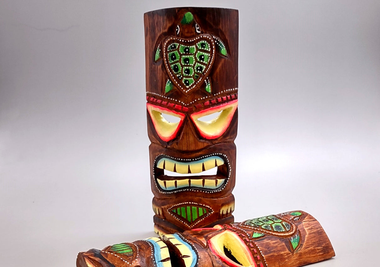 Tropical Tiki Mask Face Large Painted Wooden Turtle (1 mask approx. 12 inches tall) Colorful Painted Tiki Mask to hang in a seaside home!