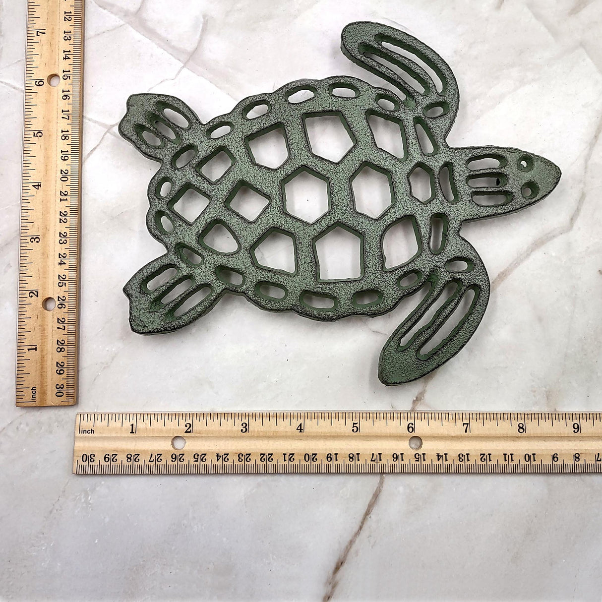 Cast Iron Sea Turtle Green Metal Trivet (1 trivet approx. 7+ inches wide) Green Metal Sea Turtle Trivet adds coastal charm & protection!