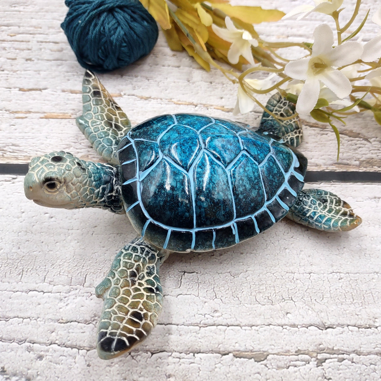Blue Sea Turtle Figurine Painted Resin (1 turtle approx. 5.75+ inches long) Blue Painted Resin Sea Turtle Figure for coastal home decor!