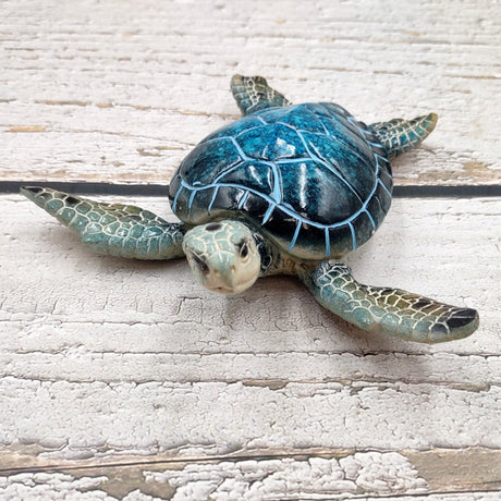 Blue Sea Turtle Figurine Painted Resin (1 turtle approx. 5.75+ inches long) Blue Painted Resin Sea Turtle Figure for coastal home decor!