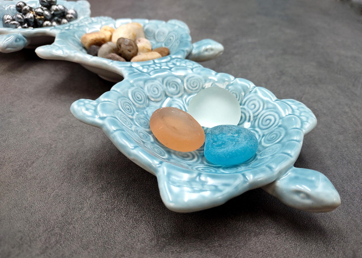Sea Turtle Light Blue Connected Trio Plate (1 dish approx. 13.5+ inches wide) Light Aqua Sea Turtle Ceramic Dish for coastal table charm!