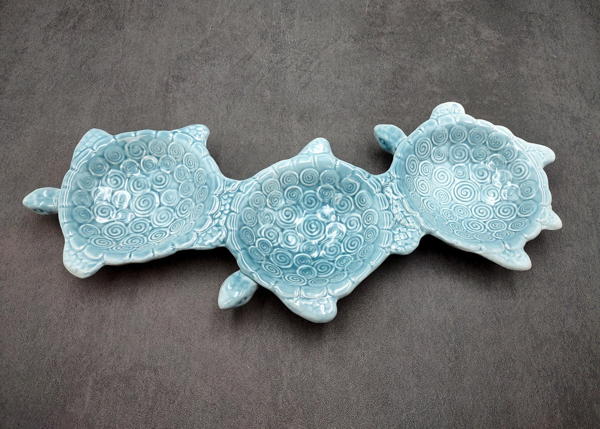 Sea Turtle Light Blue Connected Trio Plate (1 dish approx. 13.5+ inches wide) Light Aqua Sea Turtle Ceramic Dish for coastal table charm!