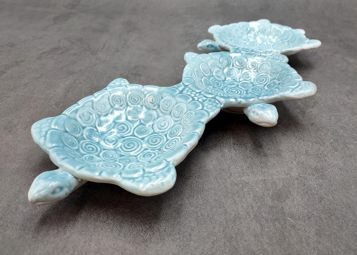 Sea Turtle Light Blue Connected Trio Plate (1 dish approx. 13.5+ inches wide) Light Aqua Sea Turtle Ceramic Dish for coastal table charm!