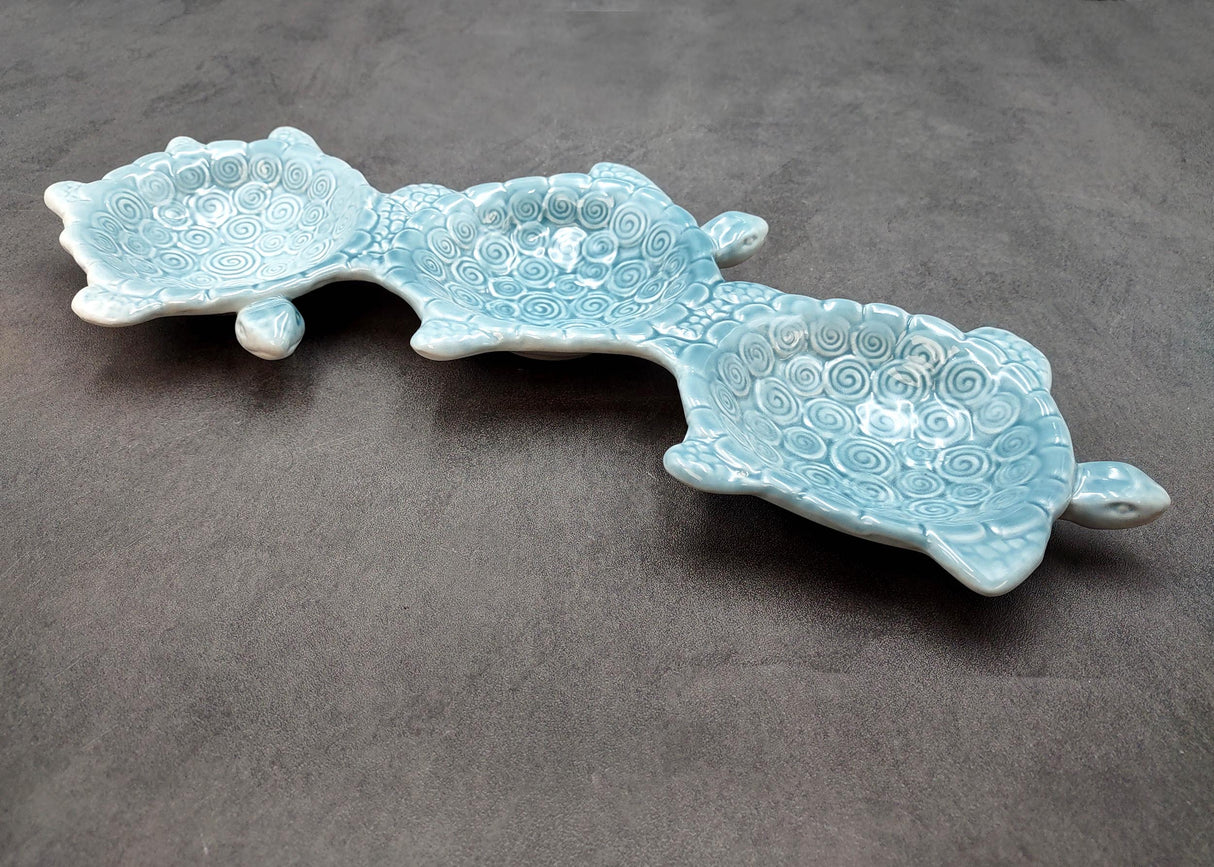 Sea Turtle Light Blue Connected Trio Plate (1 dish approx. 13.5+ inches wide) Light Aqua Sea Turtle Ceramic Dish for coastal table charm!