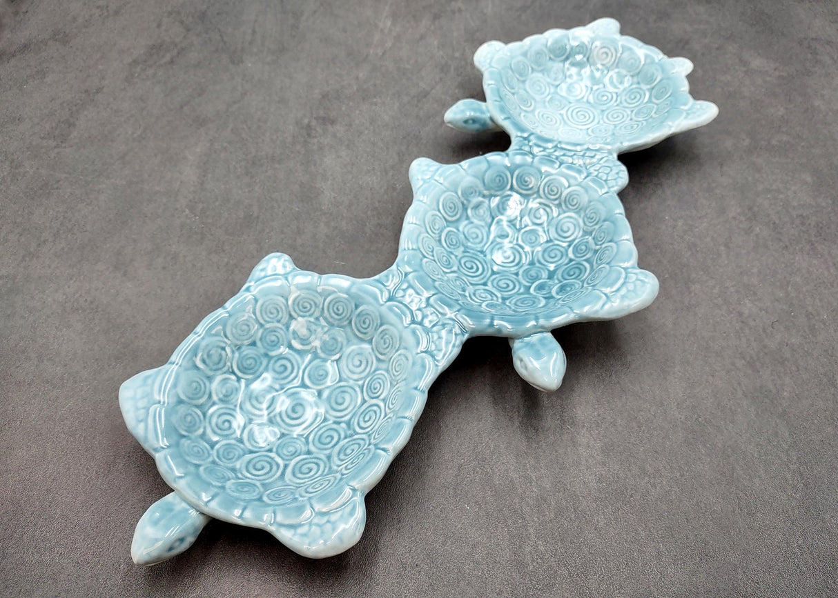 Sea Turtle Light Blue Connected Trio Plate (1 dish approx. 13.5+ inches wide) Light Aqua Sea Turtle Ceramic Dish for coastal table charm!