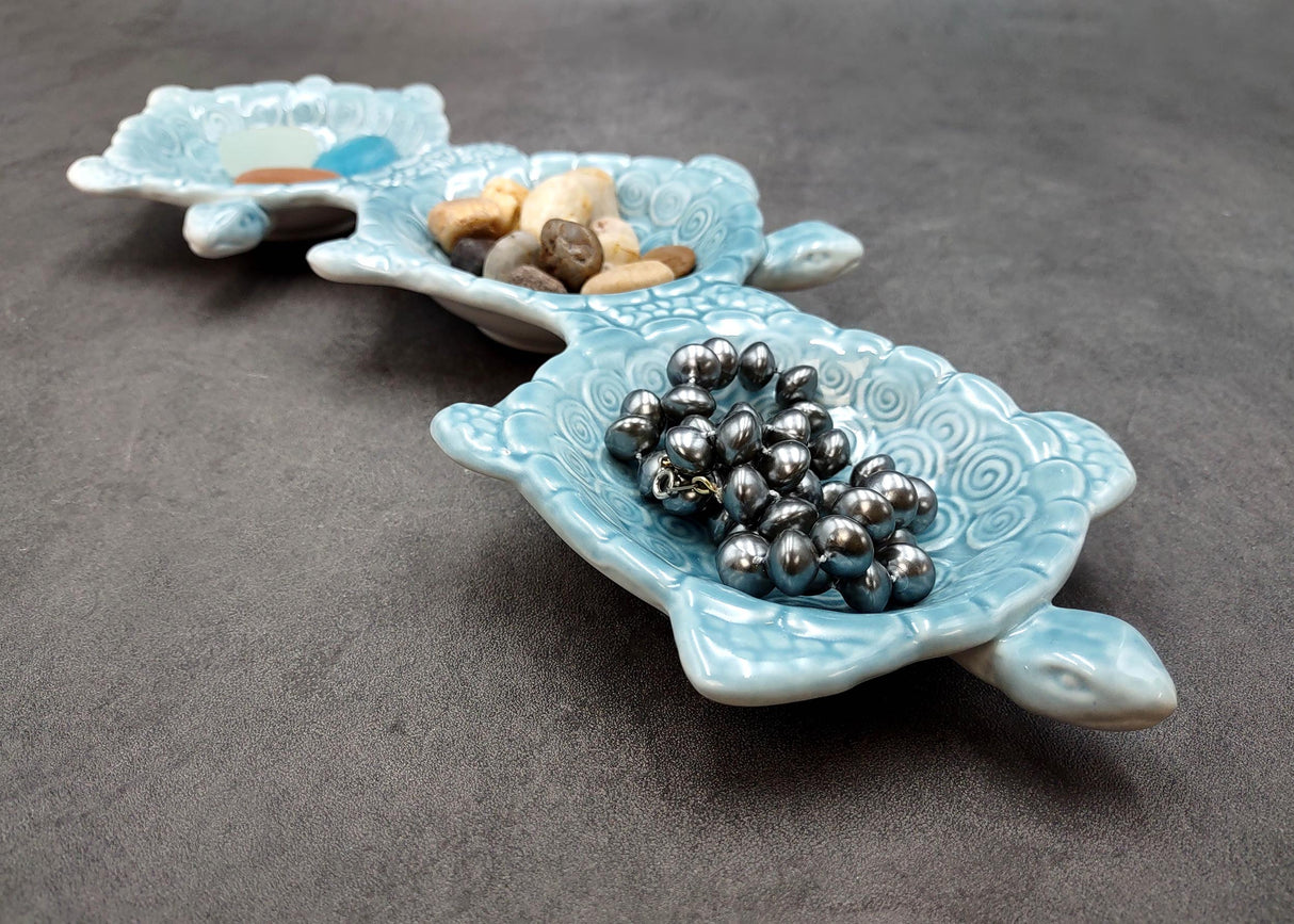 Sea Turtle Light Blue Connected Trio Plate (1 dish approx. 13.5+ inches wide) Light Aqua Sea Turtle Ceramic Dish for coastal table charm!