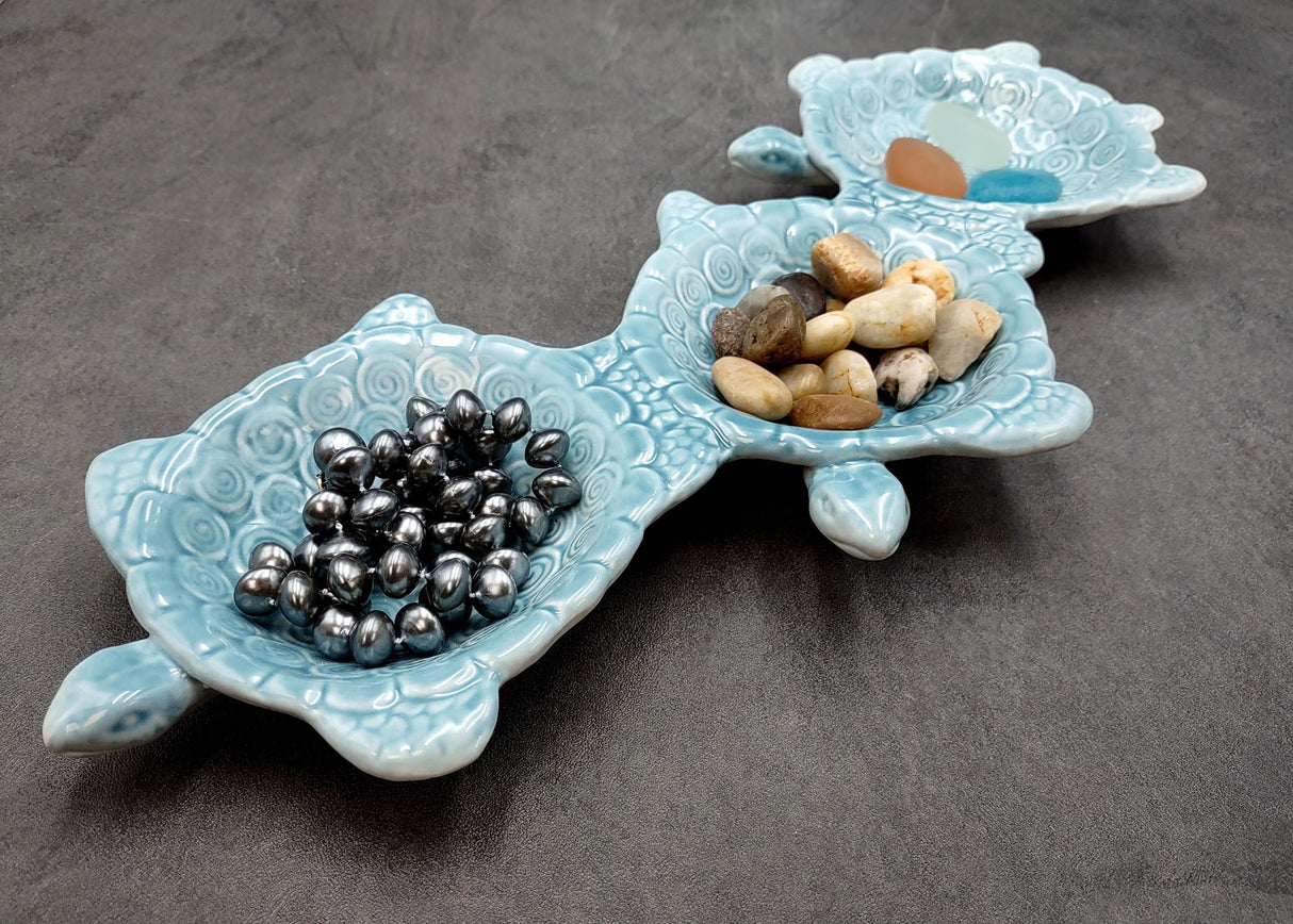 Sea Turtle Light Blue Connected Trio Plate (1 dish approx. 13.5+ inches wide) Light Aqua Sea Turtle Ceramic Dish for coastal table charm!