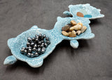 Sea Turtle Light Blue Connected Trio Plate (1 dish approx. 13.5+ inches wide) Light Aqua Sea Turtle Ceramic Dish for coastal table charm!