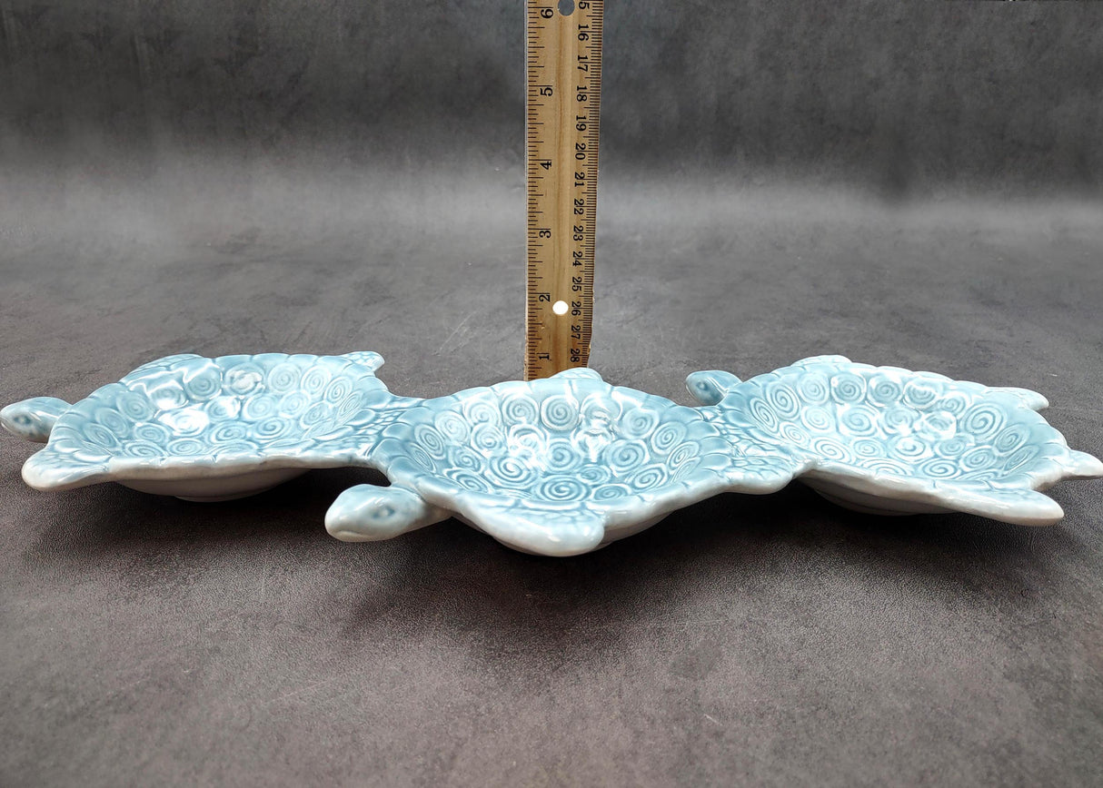 Sea Turtle Light Blue Connected Trio Plate (1 dish approx. 13.5+ inches wide) Light Aqua Sea Turtle Ceramic Dish for coastal table charm!