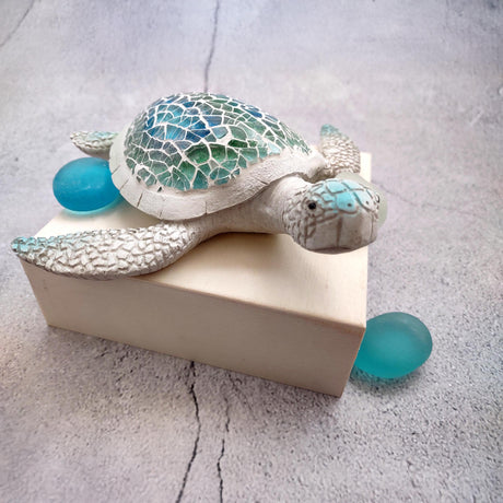 Sea Turtle Blue Green Glass Mosaic Shell Figurine (1 figure approx. 6.25+ inches long) Glass Mosaic Shell Sea Turtle Figure for home decor!