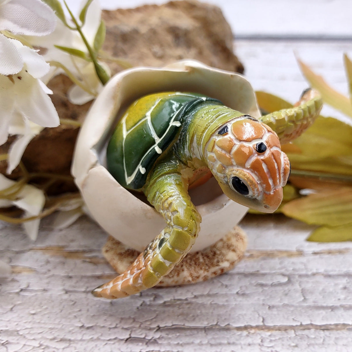 Green Baby Sea Turtle Hatching Figure (1 turtle approx. 3+ inches) Green Painted Resin Baby Turtle Egg Figure for coastal home décor!