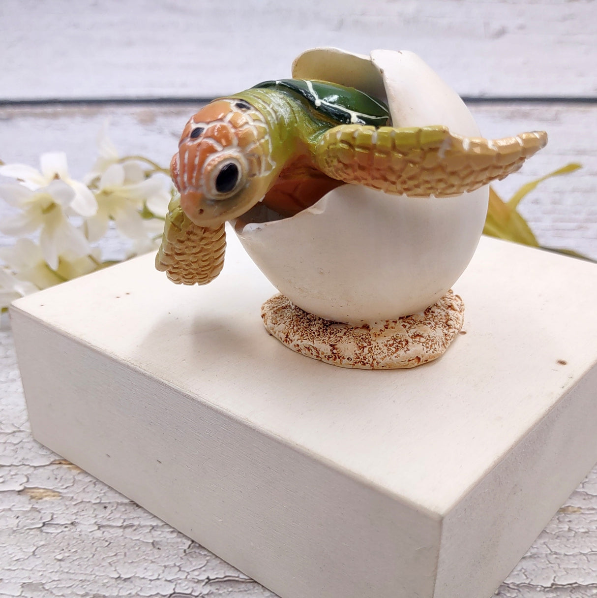 Green Baby Sea Turtle Hatching Figure (1 turtle approx. 3+ inches) Green Painted Resin Baby Turtle Egg Figure for coastal home décor!