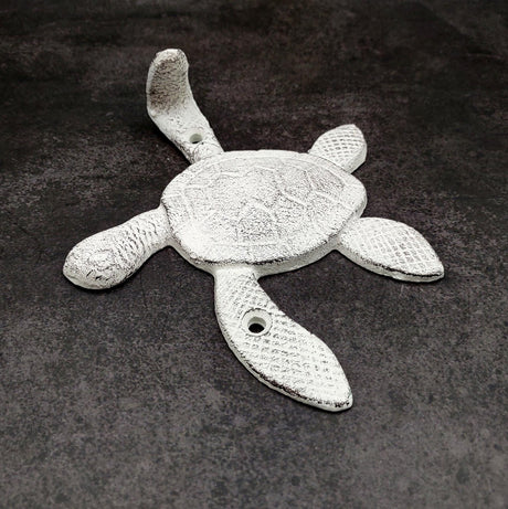 Cast Iron Antique White Sea Turtle Wall Hook (1 cast iron hook approx. 6+ inches) Functional Sea Turtle Wall Hanger for coastal home decor!