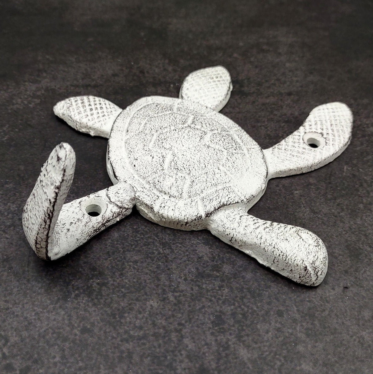 Cast Iron Antique White Sea Turtle Wall Hook (1 cast iron hook approx. 6+ inches) Functional Sea Turtle Wall Hanger for coastal home decor!