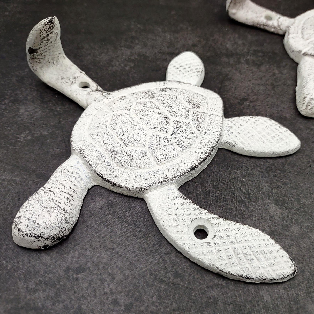 Cast Iron Antique White Sea Turtle Wall Hook (1 cast iron hook approx. 6+ inches) Functional Sea Turtle Wall Hanger for coastal home decor!