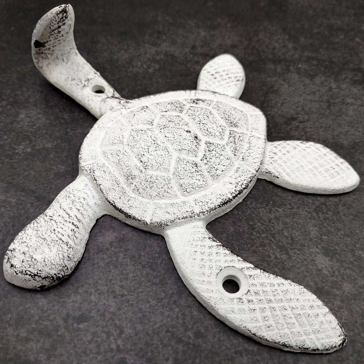 Cast Iron Antique White Sea Turtle Wall Hook (1 cast iron hook approx. 6+ inches) Functional Sea Turtle Wall Hanger for coastal home decor!