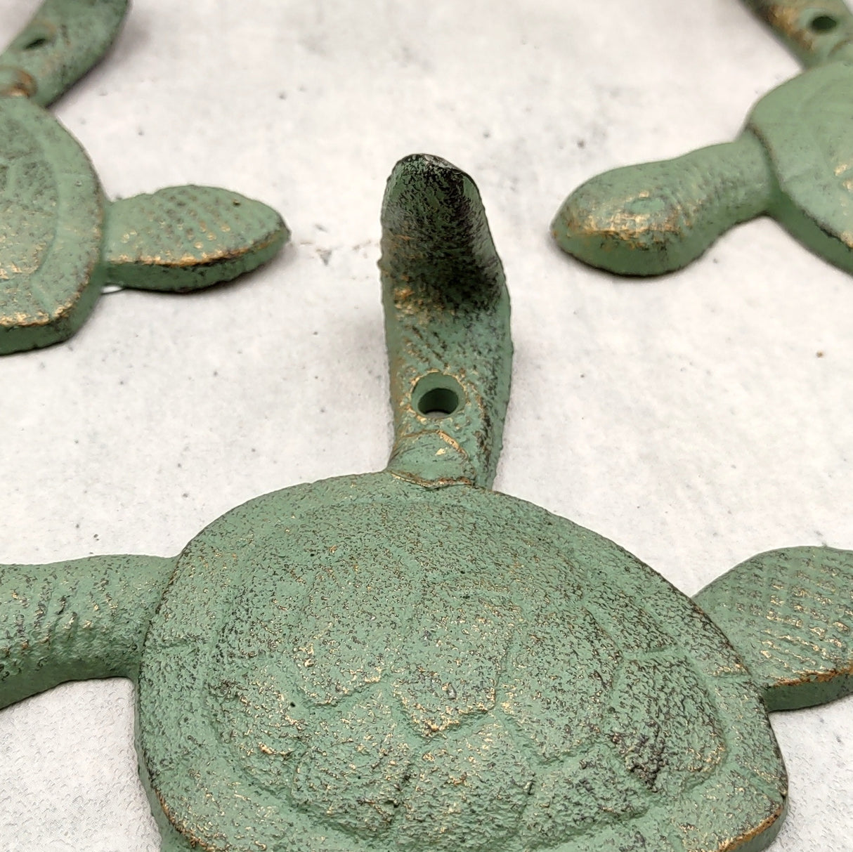 Cast Iron Green Patina Sea Turtle Wall Hook (1 cast iron hook approx. 6+ inches) Verdigris Sea Turtle Wall Hanger for coastal home decor!