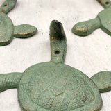 Cast Iron Green Patina Sea Turtle Wall Hook (1 cast iron hook approx. 6+ inches) Verdigris Sea Turtle Wall Hanger for coastal home decor!