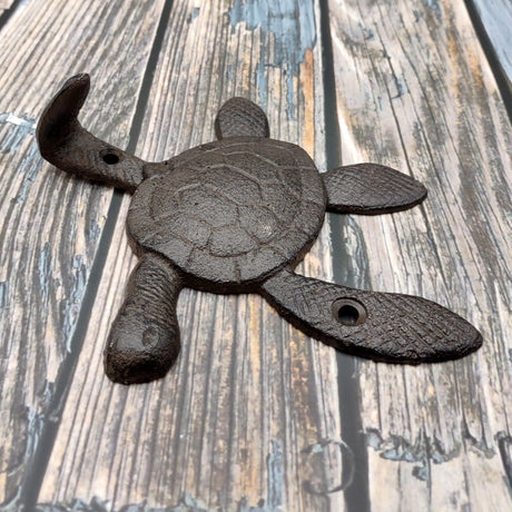 Dark Rust Cast Iron Sea Turtle Wall Hook (1 cast iron hook approx. 6+ inches) Dark Patina Sea Turtle Wall Hanger for coastal home decor!