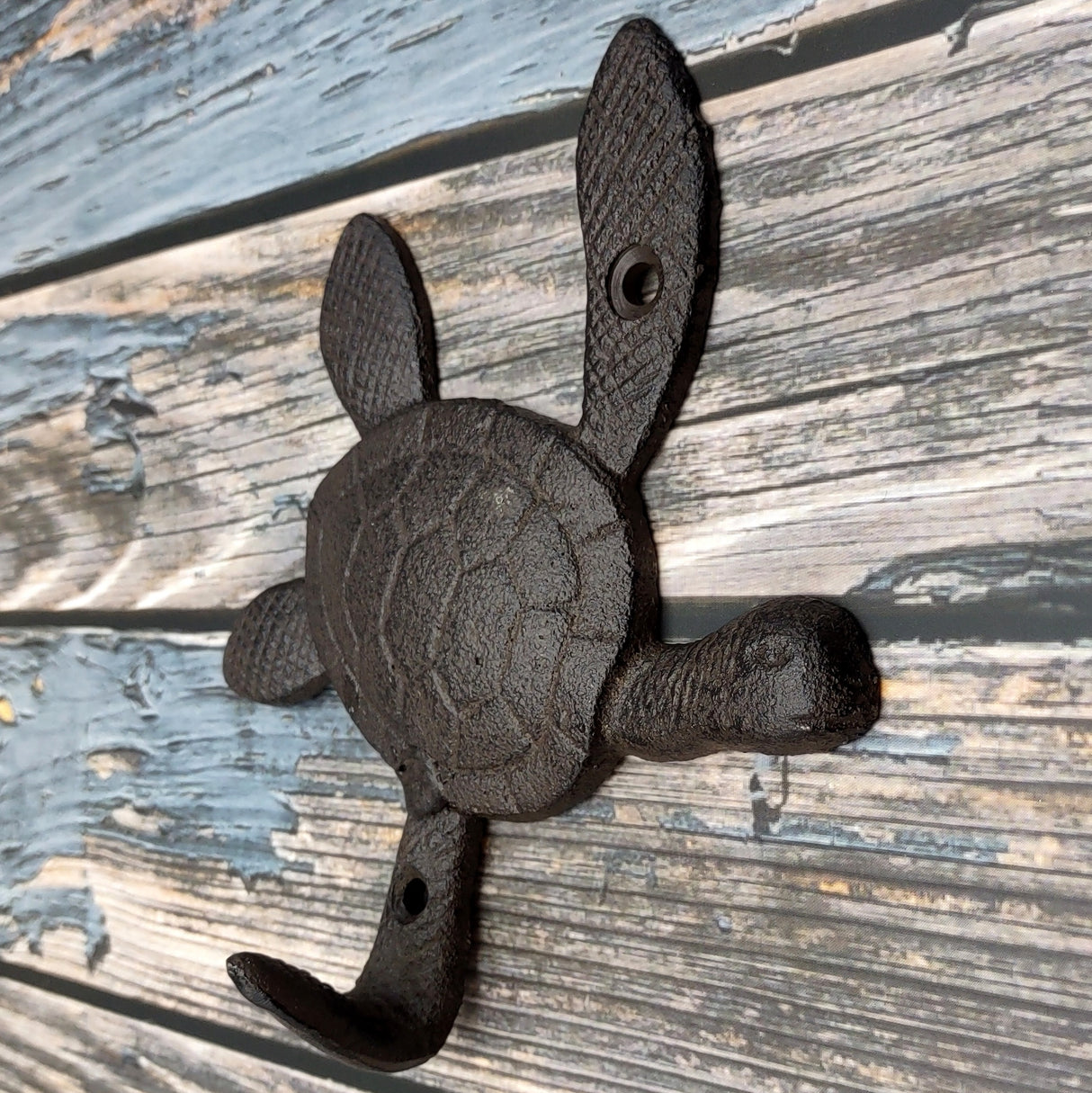 Dark Rust Cast Iron Sea Turtle Wall Hook (1 cast iron hook approx. 6+ inches) Dark Patina Sea Turtle Wall Hanger for coastal home decor!