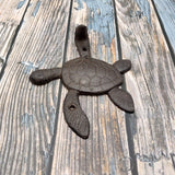 Dark Rust Cast Iron Sea Turtle Wall Hook (1 cast iron hook approx. 6+ inches) Dark Patina Sea Turtle Wall Hanger for coastal home decor!