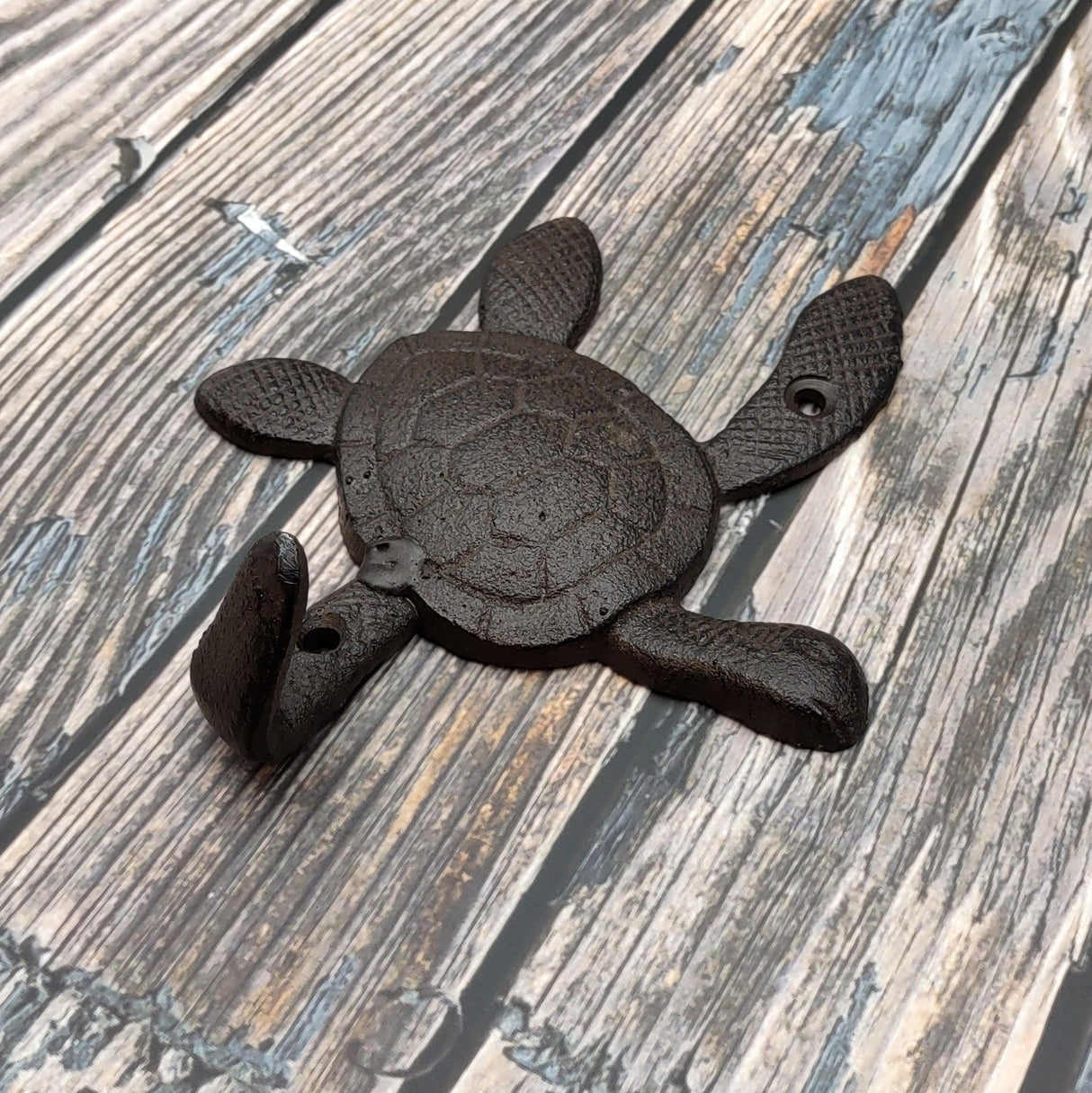 Dark Rust Cast Iron Sea Turtle Wall Hook (1 cast iron hook approx. 6+ inches) Dark Patina Sea Turtle Wall Hanger for coastal home decor!