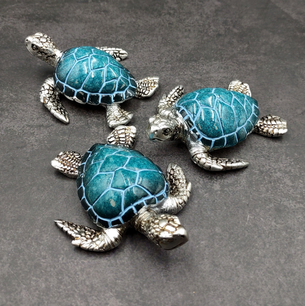 Silver Blue Sea Turtle Resin Painted Figurine (1 turtle approx. 3+ inches) Resin Silver Blue Sea Turtle Figure for gifting décor & display!
