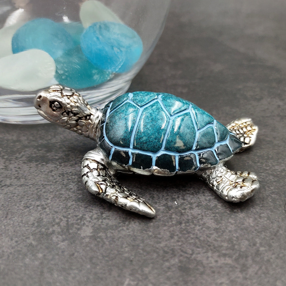Silver Blue Sea Turtle Resin Painted Figurine (1 turtle approx. 3+ inches) Resin Silver Blue Sea Turtle Figure for gifting décor & display!