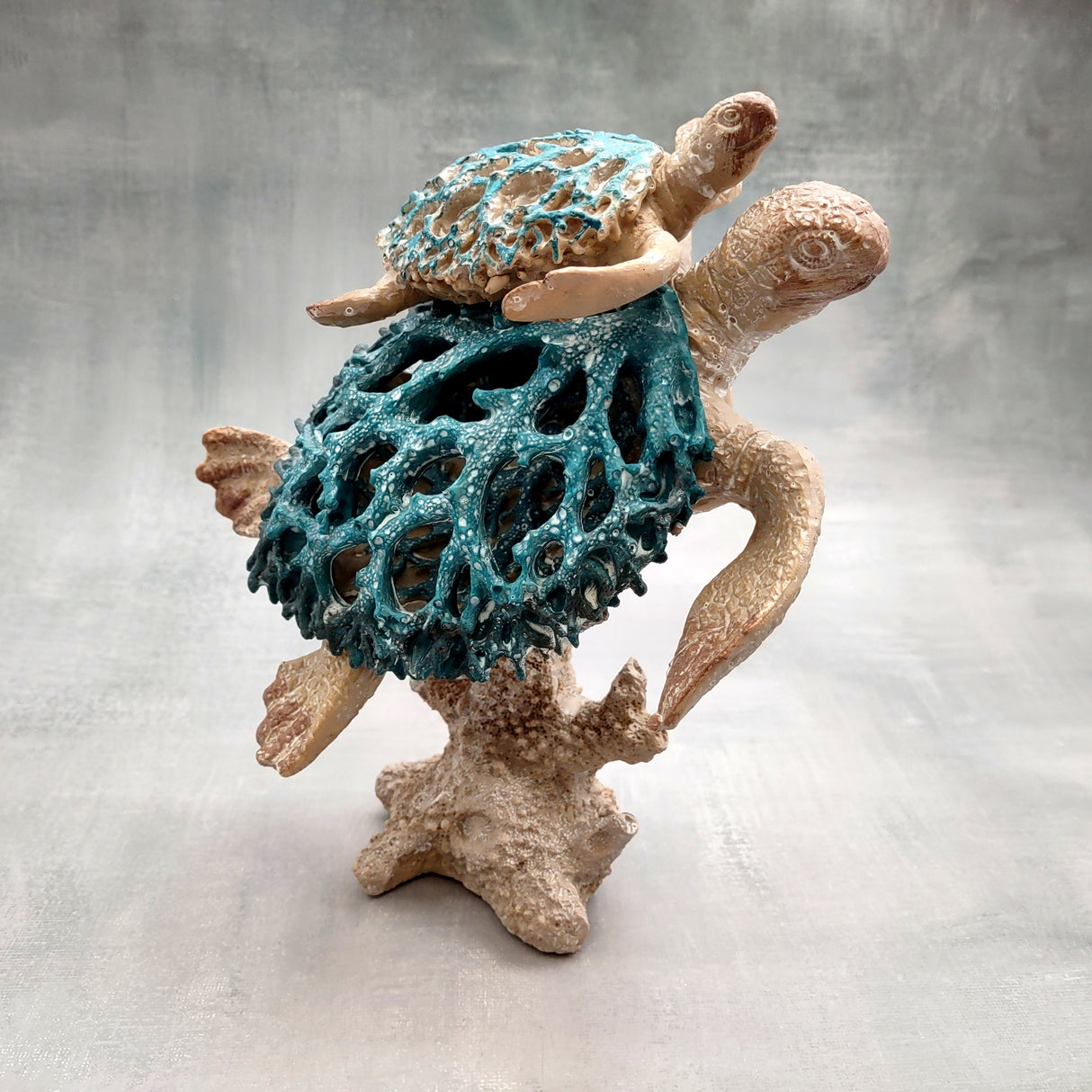 Sea Blue Mom & Baby Sea Turtles on Coral Figure (1 figure approx. 8+ inches tall) Blue Grey Sea Turtle Pair Figure for coastal home decor!