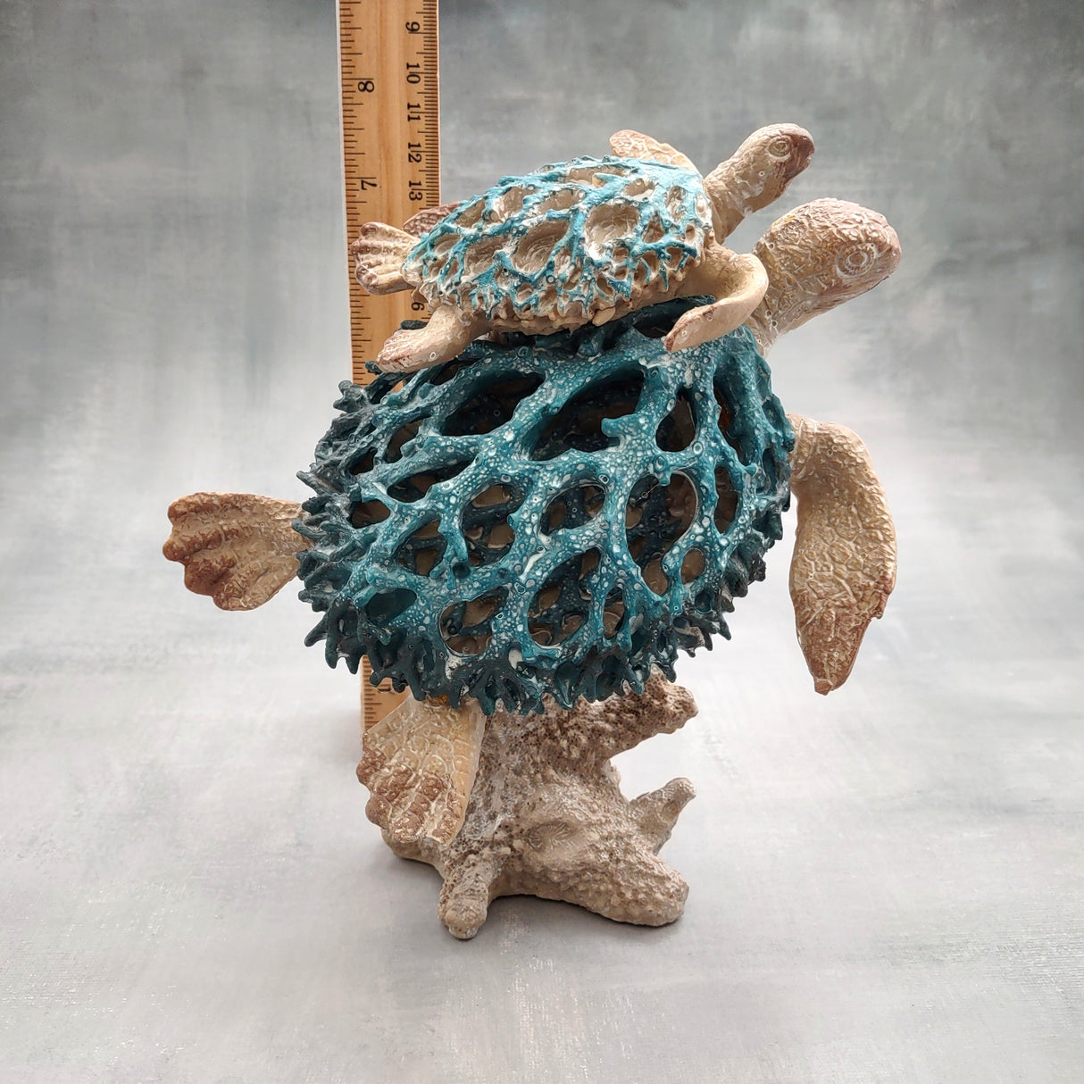 Sea Blue Mom & Baby Sea Turtles on Coral Figure (1 figure approx. 8+ inches tall) Blue Grey Sea Turtle Pair Figure for coastal home decor!