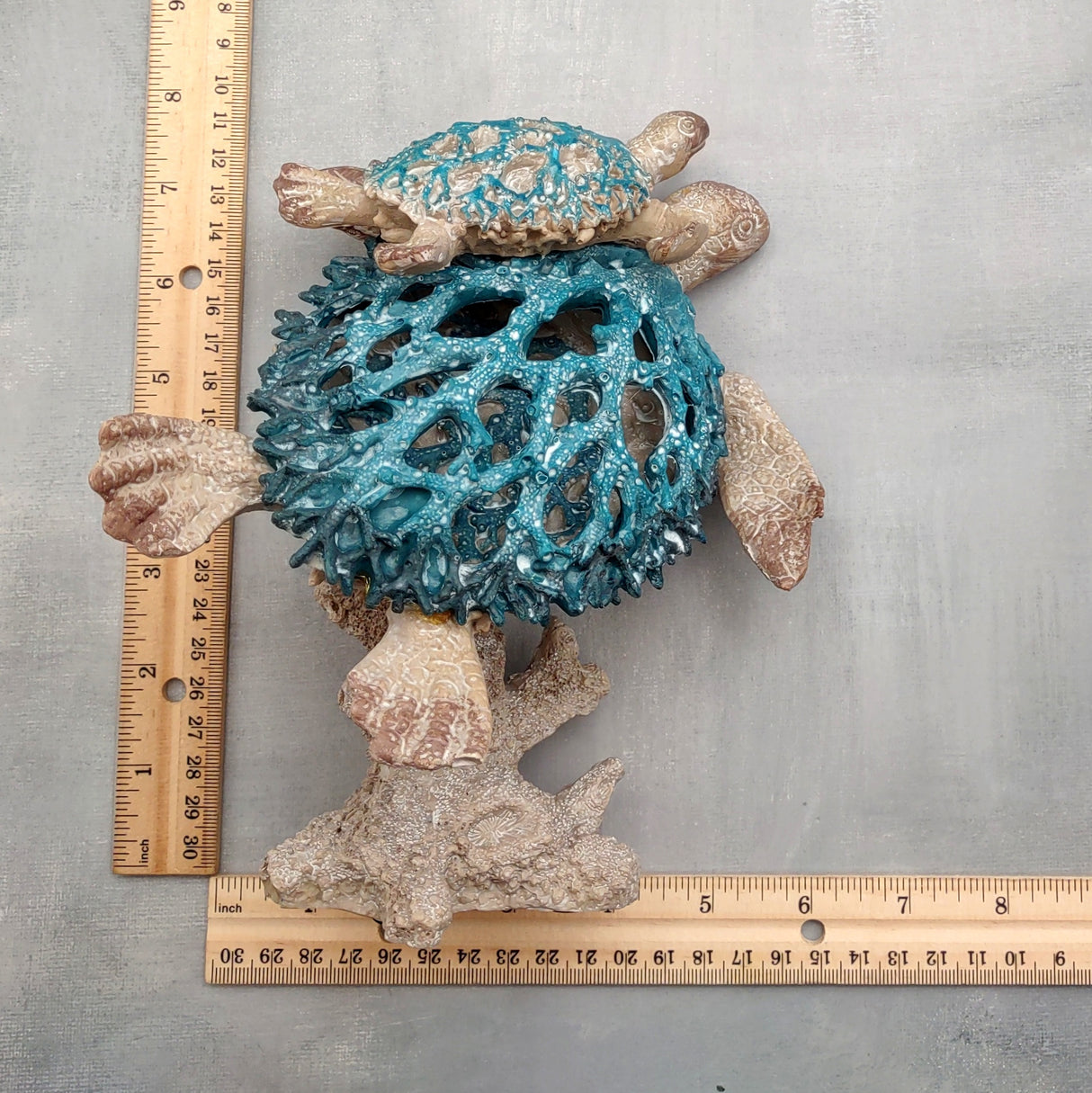 Sea Blue Mom & Baby Sea Turtles on Coral Figure (1 figure approx. 8+ inches tall) Blue Grey Sea Turtle Pair Figure for coastal home decor!