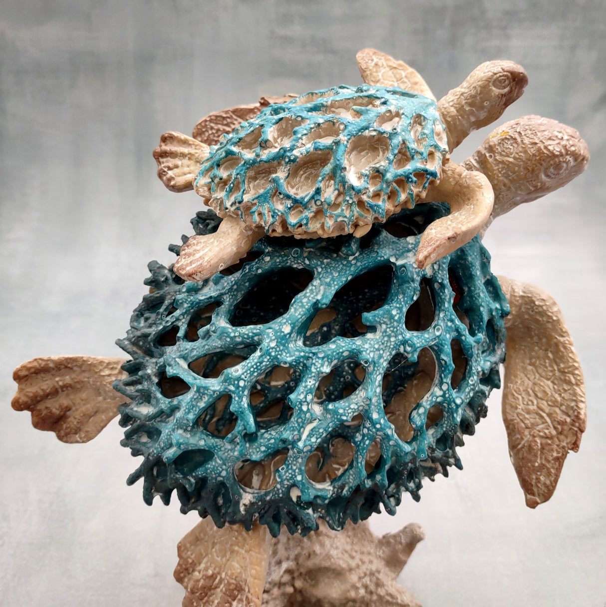 Sea Blue Mom & Baby Sea Turtles on Coral Figure (1 figure approx. 8+ inches tall) Blue Grey Sea Turtle Pair Figure for coastal home decor!