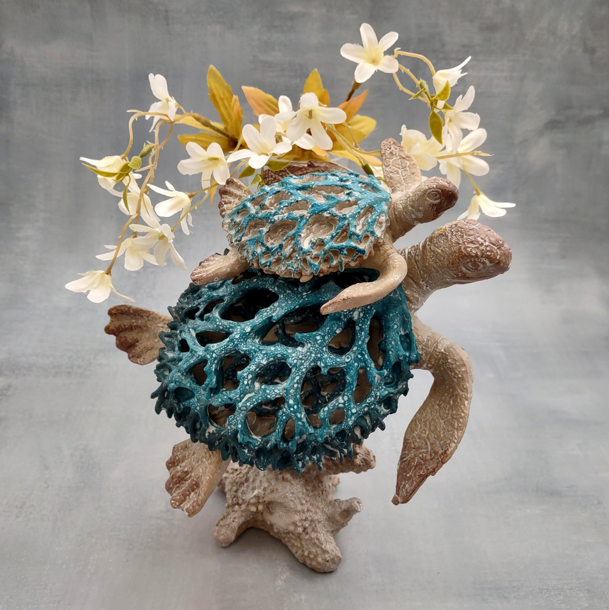 Sea Blue Mom & Baby Sea Turtles on Coral Figure (1 figure approx. 8+ inches tall) Blue Grey Sea Turtle Pair Figure for coastal home decor!