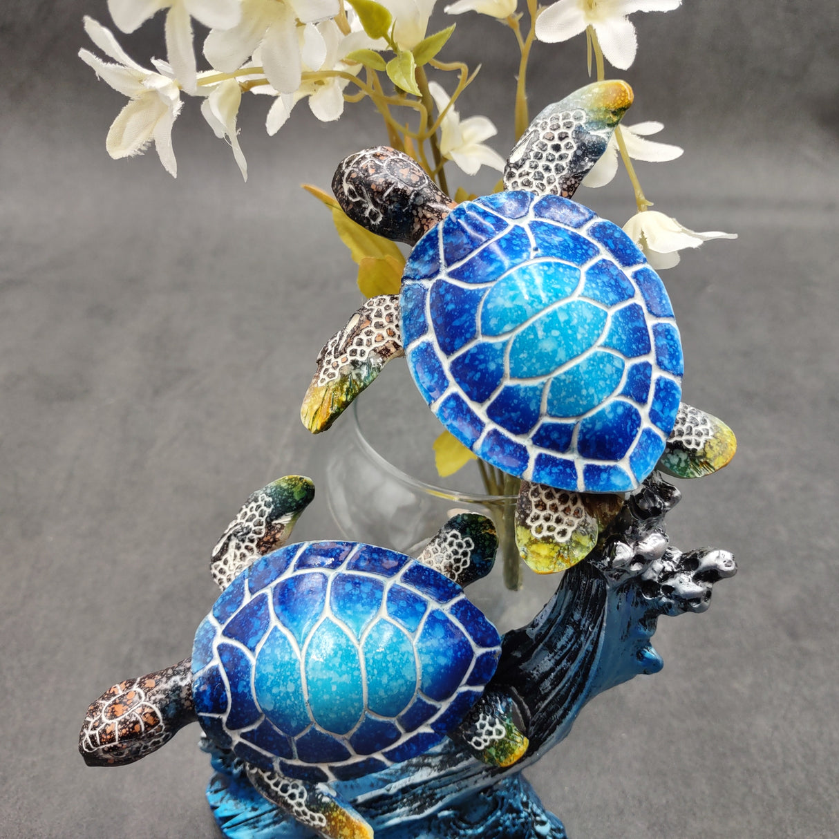 Two Blue Sea Turtles Swimming Sculpture (1 figurine approx. 7+ inches tall) Resin Sea Turtle Pair for coastal home decor & collectibles!