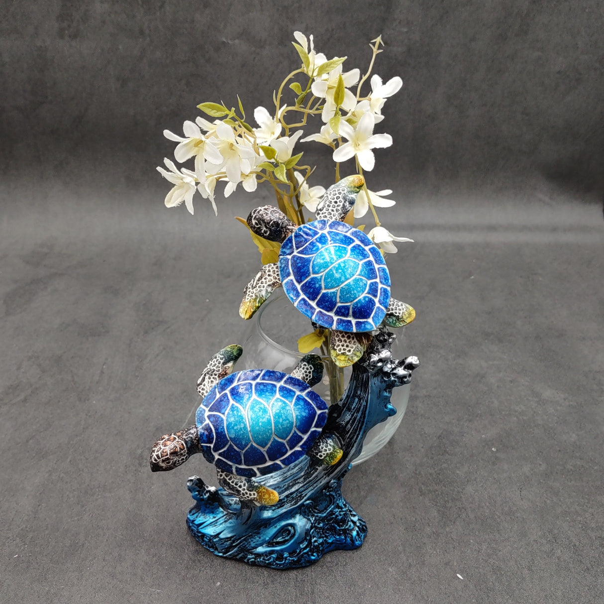 Two Blue Sea Turtles Swimming Sculpture (1 figurine approx. 7+ inches tall) Resin Sea Turtle Pair for coastal home decor & collectibles!
